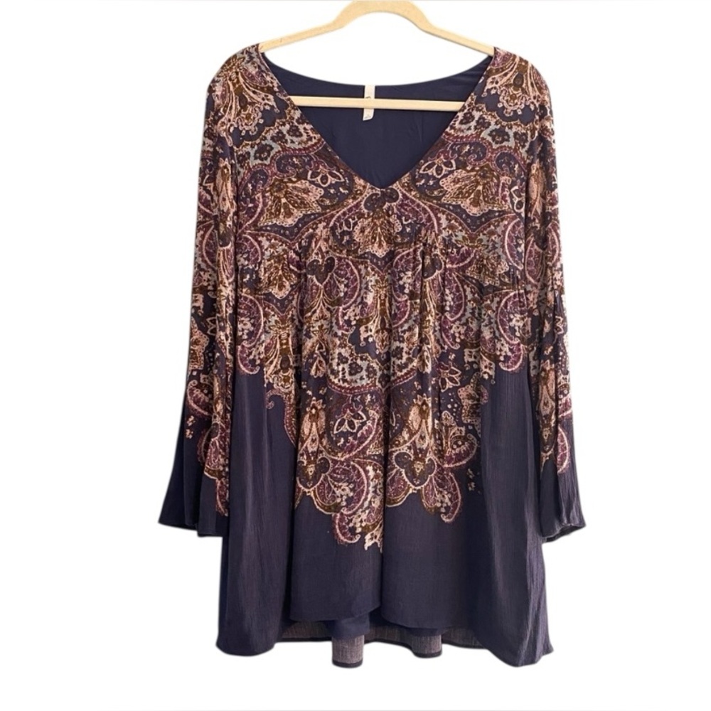 Free People Navy Paisley Flowy Bell Long Sleeve BoHo Mini Dress V Neck Sz 0